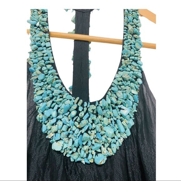 Bebe Turquoise Embellished Black Silk Razorback Tank XXS - Picture 3 of 7